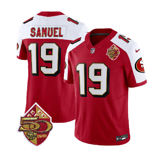 Men's San Francisco 49ers #19 Deebo Samuel Red/White 2023 F.U.S.E. 50th Patch Throwback Football Stitched Jersey
